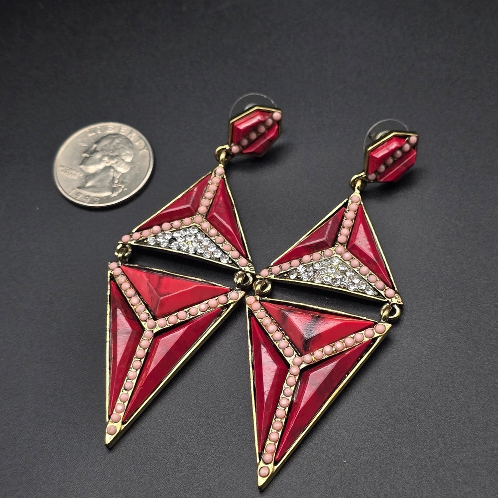 Red Pink Rhinestone Geometric Earrings Triangular - Picture 7 of 8